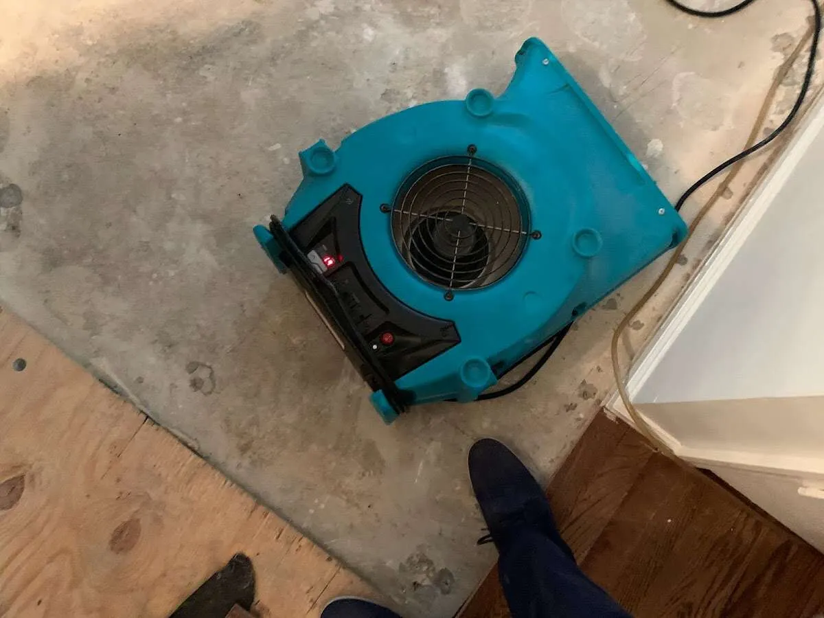 Air mover drying subfloor during Commercial Water Damage Restoration in Shiloh